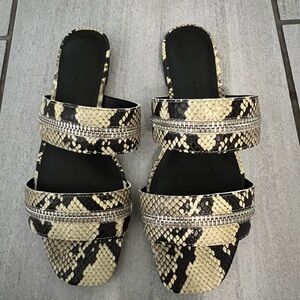 Rebecca Minkoff Black and Cream Snake Print Sandals